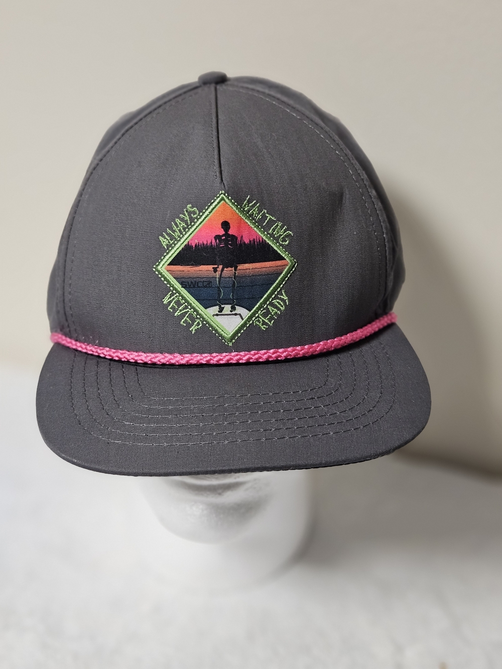Adult Gray Snapback Hat with Pink Rope and Sunset Patch Skeleton